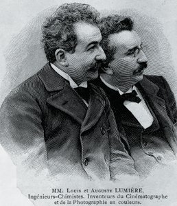 Portrett av Auguste Marie Louis Nicolas Lumiere (1862-1954) og Louis Jean Lumiere (1864-1948), franske gründere og oppfinnere av filmprojektor, gravering fra fotografi av Walter Charles Mills