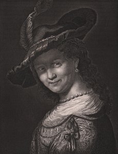 Portrett av Saskia van Uylenburgh (1612-1642), kone til Rembrandt, gravering av L Raab fra maleri av Rembrandt, fra Paynes Royal Dresden Gallery, av Albert Henry Payne, H Payne Dresden og Leipzig Publisher, ca. 1840 av Walter Charles Mills