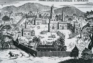 Kosakkene ledet av Stepan Razin angrep Astrakhan festning i 1670, Russland av Walter Charles Mills
