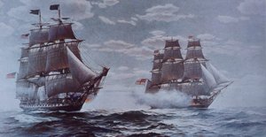 USS Constitution og HMS Java (farge litho) av Walter Charles Mills