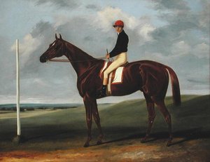 Kastanjeføll med Jockey opp og startstolpe (olje på lerret)