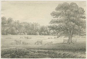 Hagley Hall: penn- og vasketegning, 4. mai 1814 av John Allport