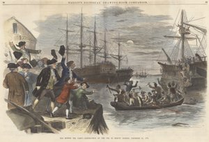 The Boston Tea Party? Ødeleggelse av teen i Boston Harbor, 16. desember 1773, fra puben Ballous Pictorial Drawing-Room Companion. 1865 (fargegravering) av John Andrew