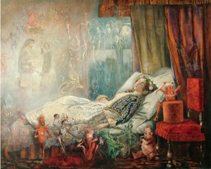 ""Le reve apres le bal masque"" (Drømmen etter maskeballen) Peinture de John Anster Fitzgerald (1832-1906), - Olje på lerret, 35,5x44,5 - Privat samling av John Anster Fitzgerald