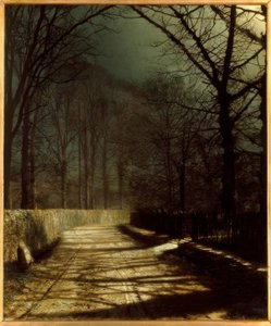 J.A.Grimshaw, månebelyst bane med to elskere ved en port / perle. av John Atkinson Grimshaw