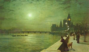 Refleksjoner av lys på Themsen nær Westminster
