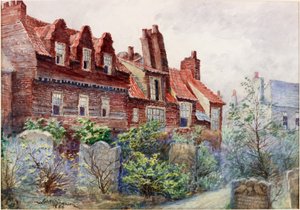 Hus i Silver Street fra All Saints Churchyard, Newcastle upon Tyne, 1886 kroppsfarge, blyant og wc på papir av John Atlantic Stephenson