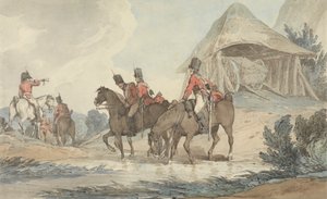 Kavalerister som passerer gjennom en bekk, blir mønstret av en trompetist av John Augustus Atkinson