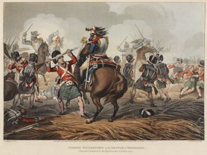 Franske Cuirassiers i slaget ved Waterloo anklaget og beseiret av Highlanders og Scotch Greys, gravert av M. Dubourg, 1819 (farget akvatint)