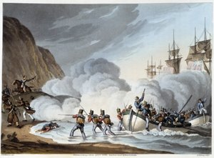 Landing of Troops, tidlig på 1800-tallet i "" Historiske, militære og sjøanekdoter ..." av Edward Orne av John Augustus Atkinson
