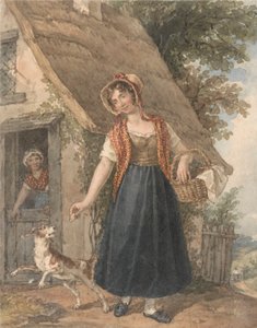 Ung kvinne med hund utenfor en hyttedør av John Augustus Atkinson