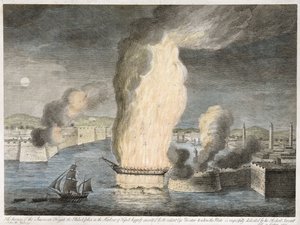 The Burning of the American Fregate [sic] Philadelphia i Tripoli havn, 1805 (håndfarget linjegravering på lagt papir) av John B. Guerazzi