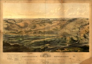 Gettysburg slagmark. Slaget utkjempet ved Gettysburg, Pa., 1., 2. og 3. juli 1863 av de føderale og konfødererte hærene, kommandert av henholdsvis Genl. G. G. Meade og Genl. Robert E. Lee av John Bachelder