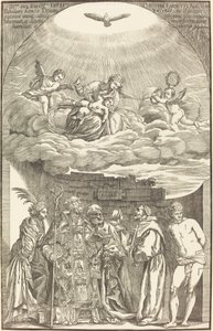 Jomfruen i skyer og seks hellige av John Baptist Jackson after Titian