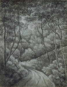 Landskap med en sti gjennom en skog og et klassisk tempel, sent på 1700-tallet. av John Baptist Malchair