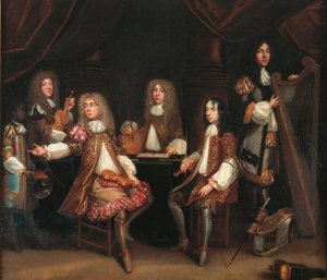 The Crimson Bedchamber, portrettgruppe av herrer med musikkinstrumenter, tradisjonelt sagt å skildre Cabal Ministry of King Charles II (olje på lerret) av John Baptist de Medina