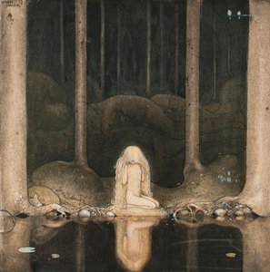 Prinsesse Tuvstarr ser på vannet i innsjøen med nostalgi av John Bauer