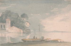 Båt og figurer på bredden av en innsjø