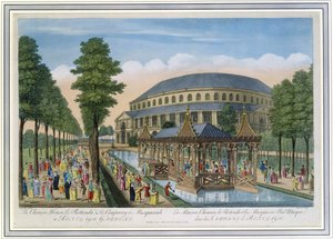 Det kinesiske huset, rotunden og selskapet i Masquerade i Ranelagh Gardens (farget akvatint)
