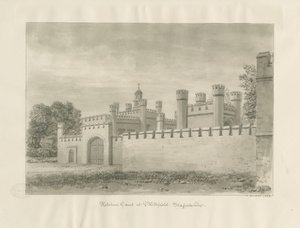 Blithfield Hall - Kitchen Court: sepia tegning av John Buckler
