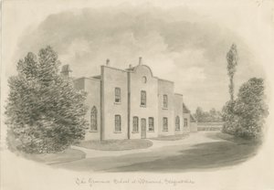 Brewood Grammar School: sepia-tegning, nd [c 1842] (tegning) av John Buckler