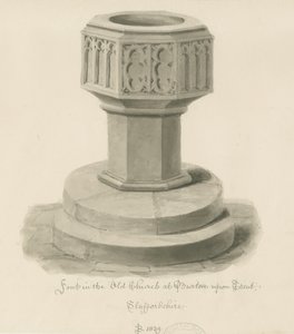 Burton-upon-Trent - Font i den gamle kirken: sepia-tegning av John Buckler