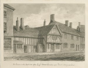 Burton-upon-Trent - Old Houses on High Street: sepia-tegning av John Buckler