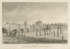 Burton-upon-Trent Bridge and Town: sepia-tegning, 1839 av John Buckler