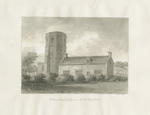 Dilhorne - Church and Grammar School: sepia-tegning av John Buckler