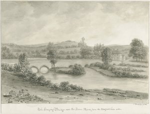 Dovedale - 'Den hengende broen': sepia-tegning av John Buckler