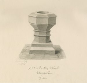 Font ved Audley Church: sepia-tegning, 1840 av John Buckler