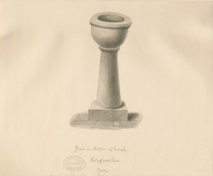 Font i Acton Trussell Church: sepia-tegning, 1841 av John Buckler