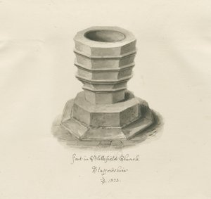 Font i Blithfield Church: sepia-tegning av John Buckler