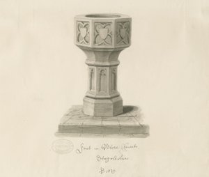 Font i Blore Church: sepia-tegning, 1839 av John Buckler