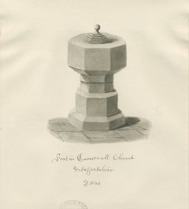 Font i Caverswall Church: sepia-tegning av John Buckler
