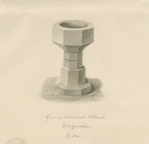 Font i Caverswall Church: sepia-tegning, 1840 av John Buckler