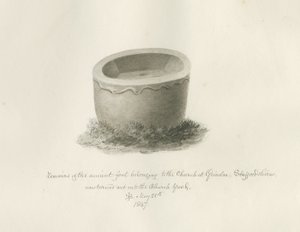 Font i Grindon Church: sepia-tegning, 25. mai 1847 (tegning) av John Buckler