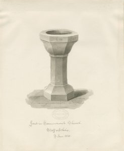 Font i Hammerwich Church: sepia-tegning, juni 1843 (tegning) av John Buckler