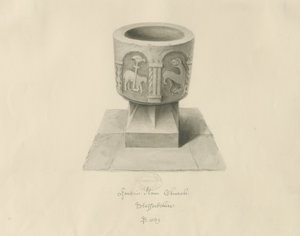 Font i Ilam kirke: sepia tegning av John Buckler