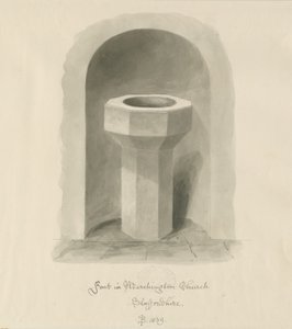 Font i Marchington Church: sepia vasketegning av John Buckler