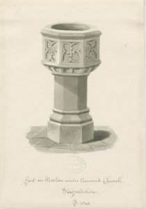 Font i Norton Canes Church: sepia vasketegning, 1843 av John Buckler