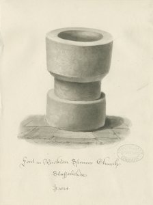 Font i Rushton Spencer Church: sepia vasketegning av John Buckler