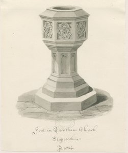 Font i Trentham Church: sepia-tegning, 1844 av John Buckler
