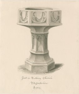 Font i Tutbury Priory Church: sepia vasketegning av John Buckler
