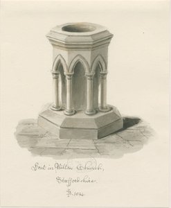Font i Walton-on-the-Hill Church: sepia vask tegning av John Buckler
