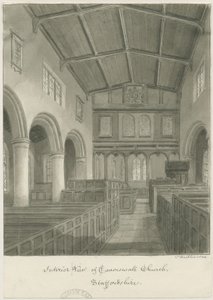 Interiør i Caverswall kirke: sepia tegning av John Buckler