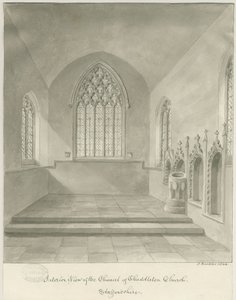 Interiør i Cheddleton Church: sepia-tegning av John Buckler