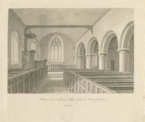 Interiør i High Offley Church: sepia-tegning av John Buckler