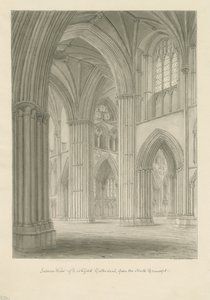 Interiør av Lichfield Cathedral - Kryss fra North Transept: sepia-tegning av John Buckler