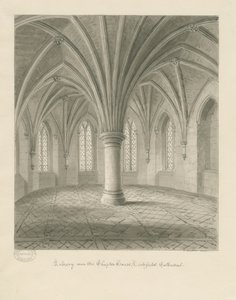 Interiør i Lichfield Cathedral - Bibliotek over Chapter House: sepia-tegning av John Buckler